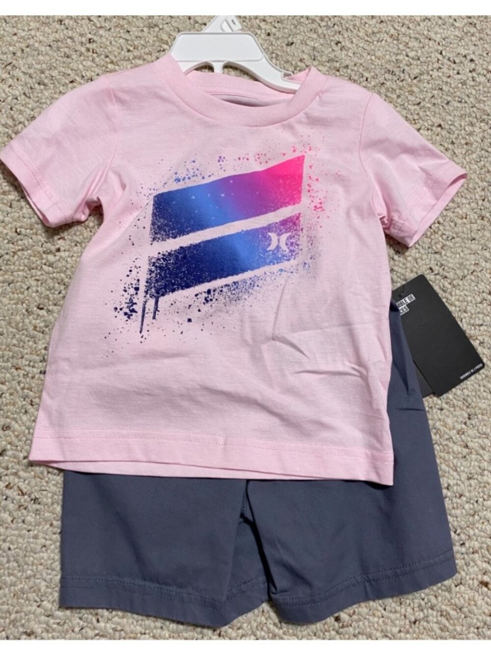 Hurley pink shirt gray shorts 2 piece set boys 2T 24m NWT paint splatter logo